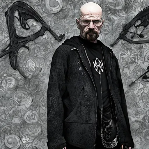 Prompt: Walter White dressed in chrome hearts and a detailed emo opium outfit

