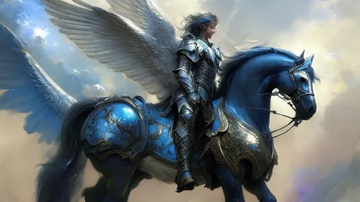 Prompt: valiant hero on a pegasus, blue armor with crystal inserts, fantasy, painting by daniel f gerhartz,