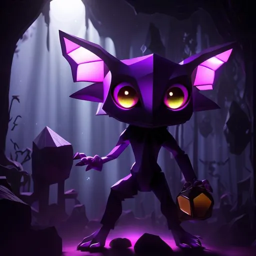 Prompt: Small purple humanoid figure, long pointy ears, large hexagon shaped gems for eyes, a large mouth with small pointy teeth, three fingers on each hand and three toes on each foot, short limbs, crouched stance, purples and blues, dim lighting, cave, spooky, goblin like, dark, smooth skin, crystals, genderless, smokey