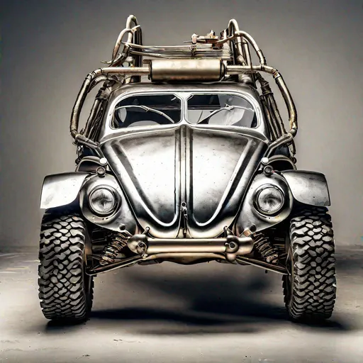 Prompt: ww2 offroad rally beetle buggy batmobile, chrome body wrap, product studio shot, on a white background, diffused lighting, centered.