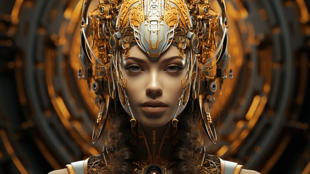 Prompt: high tech futuristic female in futuristic outfit 3d illustration, in the style of black and gold, dreamlike portraiture, hans zatzka, 8k resolution, matte photo, mechanized precision