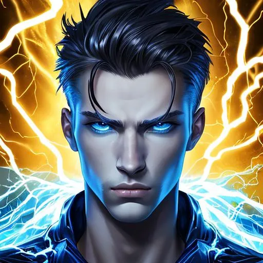 Prompt: Splash Art, Portrait of a man(Male Model) with a serious expression , Emerging out of Golden electric lightning, blue eyes. Deep blue background. 