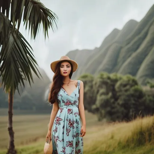 Prompt: Cute woman wearing modern dress with open ground gree long grass big mountain smokey background ligh sky blue 1080 mp big trees 🌴