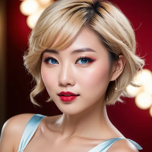 Prompt: High-resolution advertisement-style Head & Shoulders shot of a stunning young Japanese woman, 8K, detailed short blonde hair, captivating ice blue eyes with upturned almond shape, petite nose, pronounced cheekbones, heart-shaped face, subtle makeup, bright ruby red lips, elegant white low-cut minidress, bosomy physique, intricate detail, advertising style, professional lighting, high quality, detailed eyes, professional, stylish