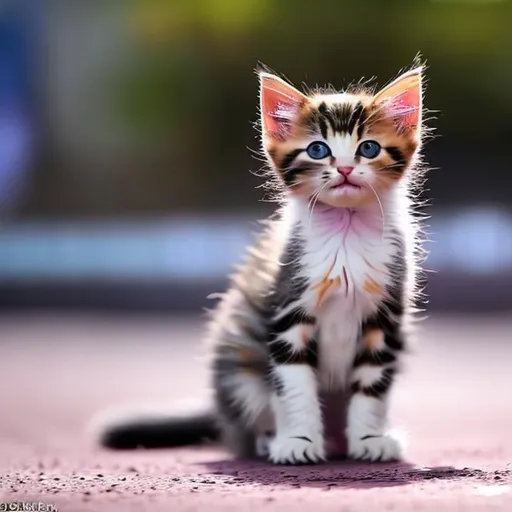 Prompt: a stray kitten batting garn in the street adorable flowers playing