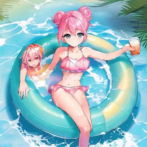 Prompt: A girl with pink hair 1 piece light blue bathing suit sitting in a raft that is pink with a high bun in her hair and holding ice tea and laing down on the raft with one leg on the raft on one in the warter