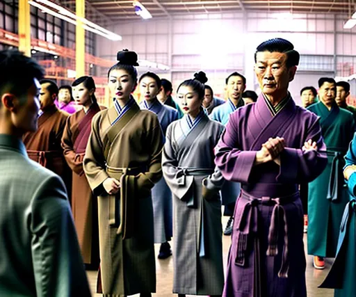 Prompt: A captivating image emerges - Some Asian people are donning a unique fusion of Eastern and Western attire. Their wearing a long necktie adds a touch of formality, while their overcoat robes makes their outfits look similar to business suits. They radiate strength, resembling terra cotta warriors in neckties. The scene is set amidst the backdrop of a warehouse and/or hangar, evoking a realistic and picturesque landscape. The photograph captures the essence of this intriguing blend, inviting viewers to delve deeper into the fusion of cultures.
