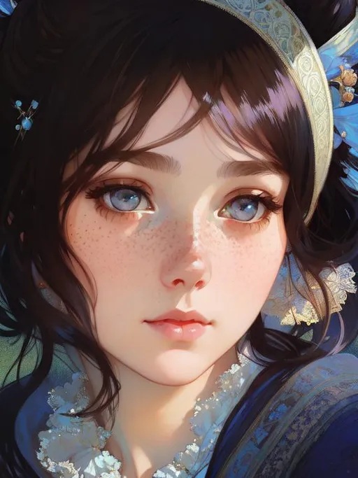 Prompt: Cute girl with freckles, high bun, breton dress, intricate, detailed face. by Ilya Kuvshinov and Alphonse Mucha. Dreamy, pastel colors, honey