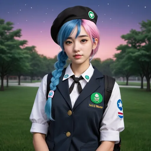 Prompt: photo realistic, 1 adultwoman blue hair, black eyes, school uniform, beret, night view girlscout korean snow sash neckerchief meritbadge blazer grass,pink hair,braids emblem backpack