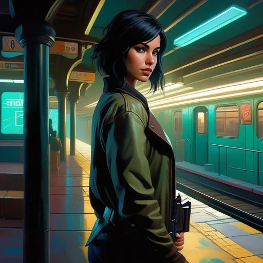 Prompt: Third person, gameplay, young woman, pale olive skin, black hair, dark brown eyes, cyberpunk, wielding a handgun, abandoned subway station, teal atmosphere, cartoony style, extremely detailed painting by Greg Rutkowski and by Henry Justice Ford and by Steve Henderson 