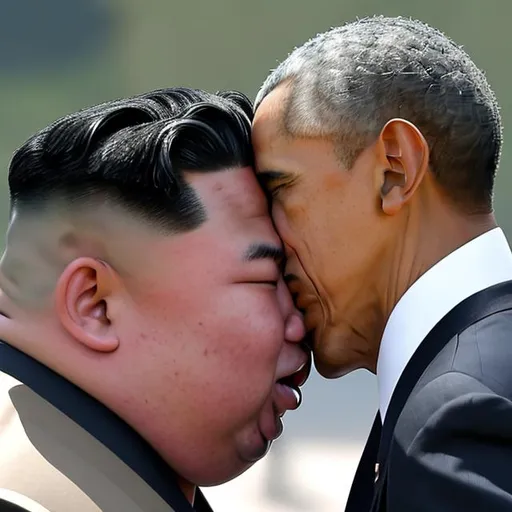 Prompt: Barack Obama kissing Kim Jong Un on the mouth touching his tongue 