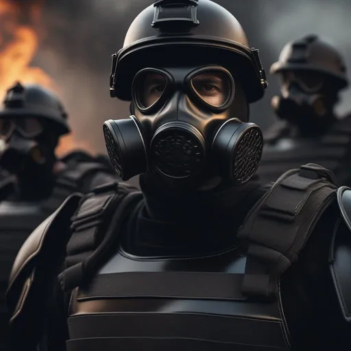 Prompt: Several modern roman military male in black military roman armor, and gas mask, last days in earth, Hyperrealistic, sharp focus, Professional, UHD, HDR, 8K, Render, electronic, dramatic, vivid, pressure, stress, traumatic, dark.