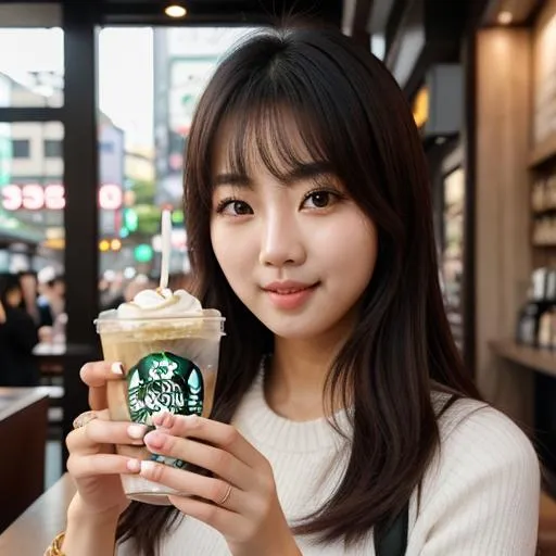 Prompt: Realistic photo, HD, Korean Instagram, cute woman, Seoul, Starbucks, latte, caramel, frappucinno, aesthetic, age=21, beautiful, attractive, silly, fun