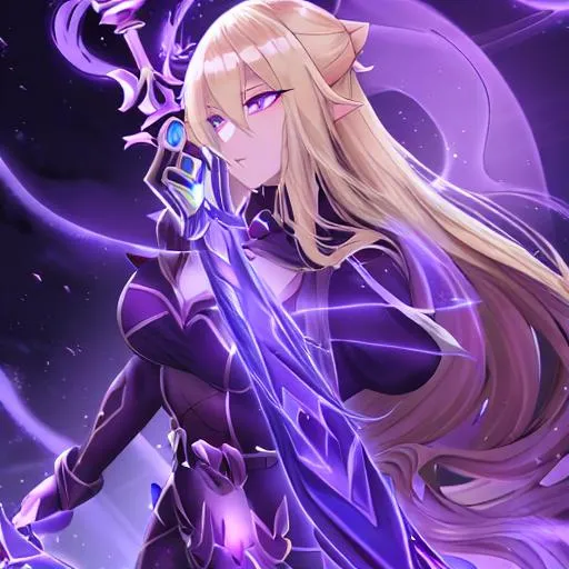 Prompt: blond hair glowing eyes female void elf death knight two-handed sword in ground 