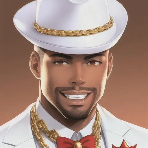 Prompt: Portrait of a black man, Chris Rock, big smile, slender, goatie, fierce eyes, long nose, handsome face, fedora, buzz cut, white clothes, white suit, red tie, gold chains, white shoes, detailed face, looking into camera,