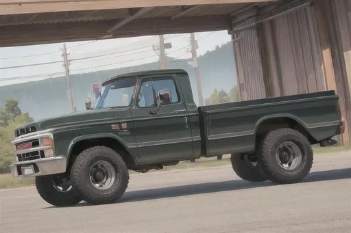 Prompt: A wide angle longshot of Vintage GMC Trucks at a jobsite 