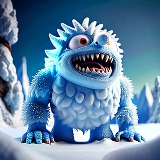 Prompt: an adorable abominable snow monster --no trending on artstation --no stylize --ray tracing light pillars, highly detailed, symmetrical, mountainous background, stop motion, minature