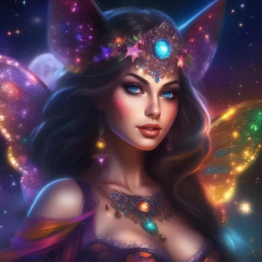 Prompt: A complete body form of a stunningly beautiful, hyper realistic, buxom woman with incredible bright eyes wearing a colorful, sparkling, dangling, glowing, skimpy, natural, flowing, sheer, fairy, witches outfit on a breathtaking night with stars and colors with glowing, detailed sprites flying about