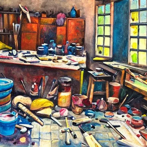 Prompt: A painting of a painter's workshop with paints and brushes laying all around