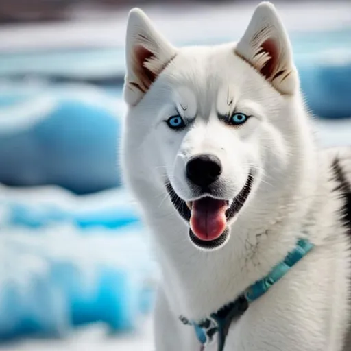 Prompt: White Husky with heterochromia, on a glacier