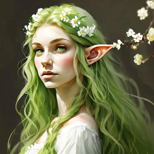 Prompt: Young female elf, long green wavy hair, small white flowers in hair, front facing portrait
