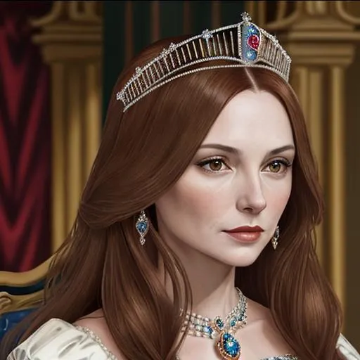 Prompt: Royal queen Katherine Parr, attractive 35 year old, brown hair, wearing a tiara and beautiful jewels, 16th century, facial closeup