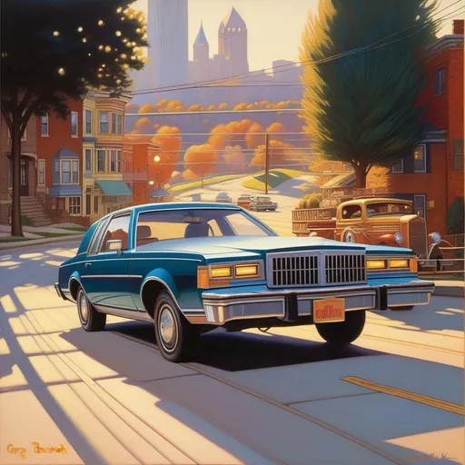 Prompt: 1980s, Pittsburgh, car chase, sunny weather, warm atmosphere, cartoony style, extremely detailed painting by Greg Rutkowski and by Henry Justice Ford and by Steve Henderson