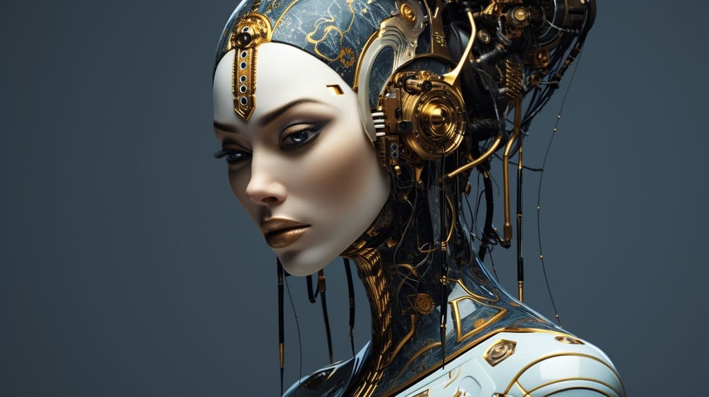 Prompt: a andorid female robot in a dress with some gold parts over the face, in the style of robotic motifs, solarizing master, hyper-realistic details, ultra hd, dark and intricate, machine-like precision, serene faces