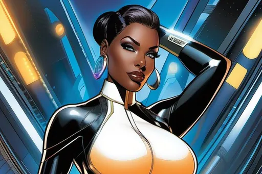 Prompt: Hope Alguin--dark-skinned curvaceous cyborg beauty--uses a quantum computer to scan the Omniverse for any trace of her lost android muse-brother, Philo Layne. art by Juan Gimenez and Adi Granov