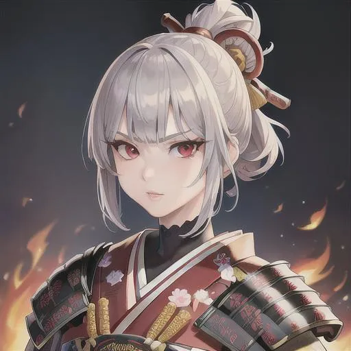 Prompt: (masterpiece, illustration, best quality:1.2), wolfcut hairstyle, grey hair, red eyes, wearing samurai armour, death stare, best quality face, best quality, best quality skin, best quality eyes, best quality lips, ultra-detailed eyes, ultra-detailed hair, ultra-detailed, illustration, colorful, soft glow, 1 girl,  traditional Japanese village as background