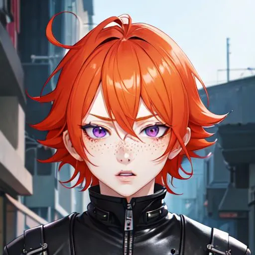 Prompt: Erikku male adult (short ginger hair, freckles, right eye blue left eye purple) UHD, 8K, Highly detailed, insane detail, best quality, high quality,  anime style, biker 