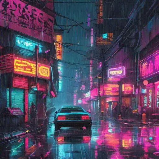 Prompt: Depict a rainy cyberpunk street scene with neon lights reflecting off wet surfaces. Use the raindrops as a canvas for additional neon patterns, creating a dynamic and visually striking composition.