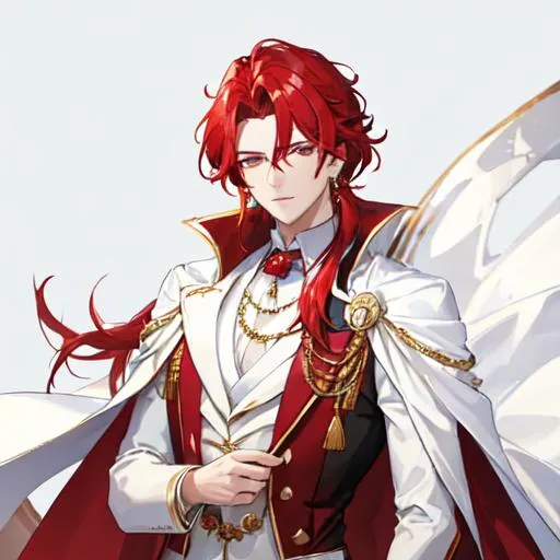 Prompt: Zerif 1male (Red side-swept hair covering his right eye) wearing a royal suit, white shawl, 