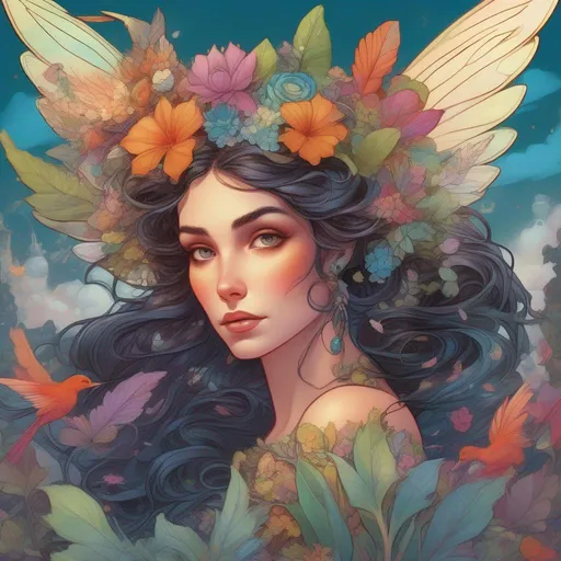 Prompt: A vibrantly and brightly coloured and colourful and beautiful head to toe Persephone as a fairy with iridescent fairy wings; with succulent, feathers and gems in her brunette hair. In a beautiful flowing dress made of plants. Surrounded by birds and clouds, in a painted style in a marvel comics style