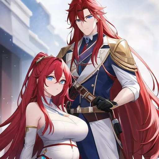 Prompt: Zerif 1male (Red side-swept hair falling between the eyes, blue eyes), highly detailed face, 8K, Insane detail, best quality, UHD, Highly detailed, insane detail, high quality. He's carrying Haley bridal style, she is heavily pregnant.