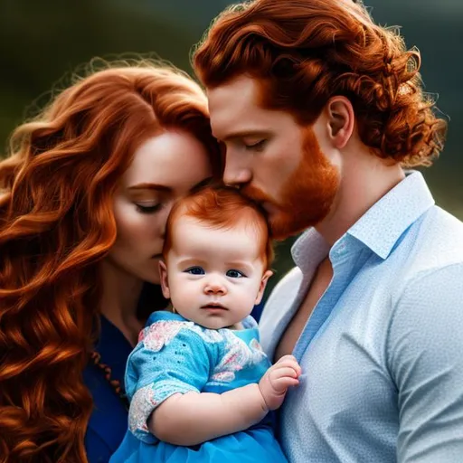 Prompt: Red-haired man with wavy hair with blue eyes,Holding baby girl, red curly hair,perfect composition, hyperrealistic, super detailed, 8k, high quality, trending art, trending on artstation, sharp focus, studio photo, intricate details, highly detailed, scotland landscape,medieval