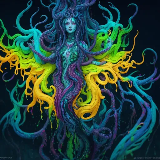 Prompt: {Extremely Detailed dripping paint psychedelic color ink splashed "MEDUSA"}:: by Lovecraft, octane rendering, Behance HD, Ambient freedom, 8k resolution, Vivid intricate color grading, soft shadows, dramatic lighting, Drip Paint, color splash, blender render, symmetrical, bold outline, fine tuning, unity 3D, Cinematic 4D render, HDR, Intricate details.:: Magnificent, beautiful,  UHD::