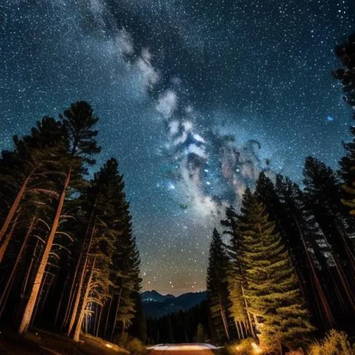 Prompt: Starry night skies above mountains and tall pine trees on a forest path