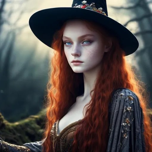 Prompt: Detailed and mystical portrait of a young beautiful witch with ivory clear skin, long fire red hair ((red hair)) and deep  eyes.  Perfect female anatomy and gorgeous, night light, moonlight, vivid,dramatic, magical, fantasy, 8k, high detailed, dramatic light