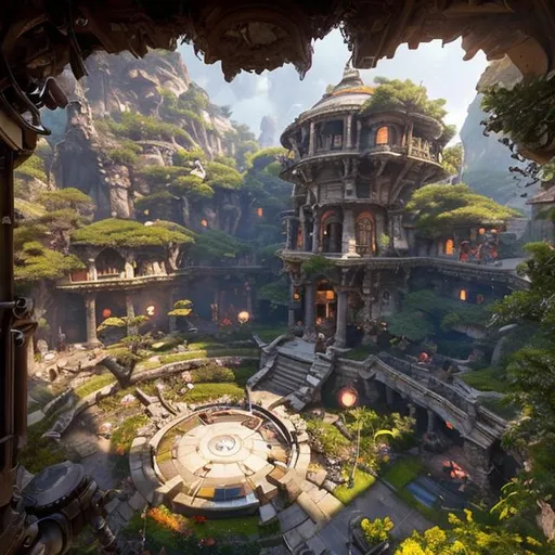 Prompt: "worm's eye view of overwatch headquarters carved inside a mountain surrounding a lush well kept garden, magical, natural light, fantasy, sharp focus, concept art, by greg rutkowski and craig mullins, cozy atmospheric"