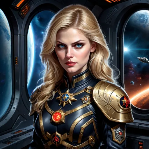 Prompt: warhammer 40k, beautiful face, face like young Madonna, eyes like alexandra daddario, high quality oil painting, attractive female psyker, blonde hair, sanctioned psyker officer from imperium of man, wearing ornate gothic occultist uniform in silk, grimdark, gritty, sanctioned psyker officer from imperium of man, standing in spaceship hallway next to window to space, planet and spaceships visible in window, dark black outfit, skin tight uniform, dangerous gleam in big expressive detailed eyes