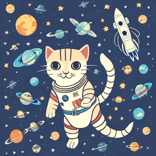 Prompt: Astronout, fly, space, rocket, planet, stars, moon, astro cat, 