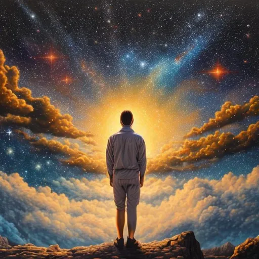 Prompt: esoteric realistic painting of a man starring at the sunset with a sky full of stars and galaxies in a super-natural style 