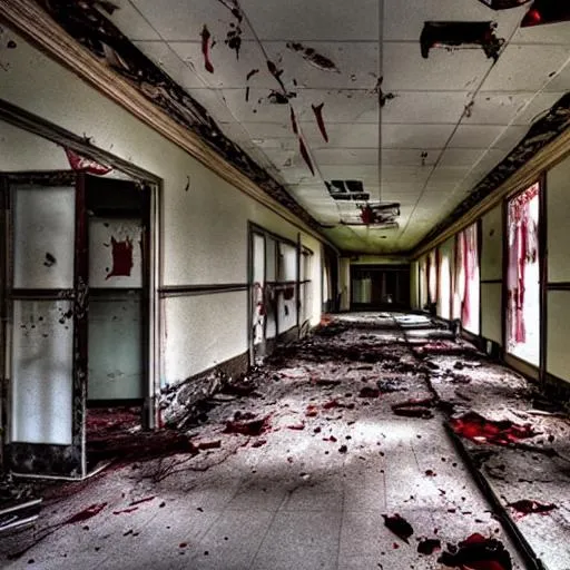 Prompt: abandoned high school with bloody dead bodies in it