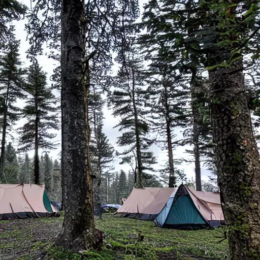 Prompt: a dark camp with trees and hills on all sides

