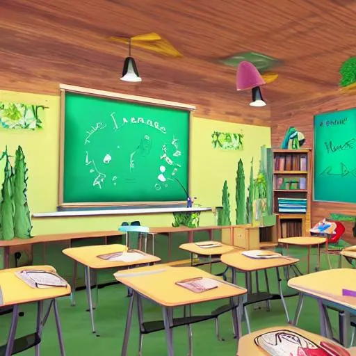 Prompt: visual novel professional classroom forest, highly detailed, natural light

desks, chalkboard, etc
vibrant colours, art, cartoonish
forest 
classroom
cute
