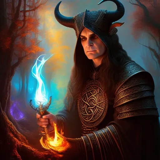 Prompt: Full body splash art, fantasy art, digital painting, Ozzy Osbourne as a Celtic warrior, goat horns, smoking a pipe, luminous forest, sunset, hyper-realistic, by Rembrandt, by Clyde Caldwell.