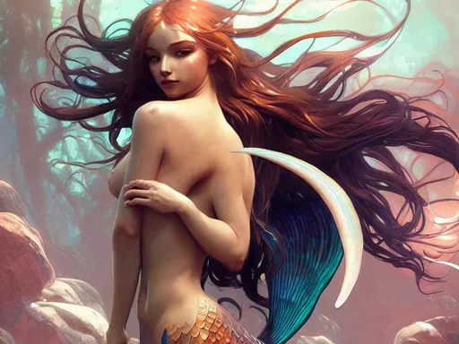 Prompt: a beautiful mermaid, accurate anatomy, only two hands, highly detailed, digital painting, artstation, concept art, smooth, sharp focus, illustration, Unreal Engine 5, 8K, art by Ross Tran and greg rutkowski and alphonse Mucha