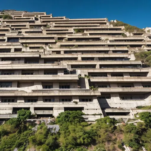 Prompt: a building with terraces on the side of a mountain, brutalist architecture