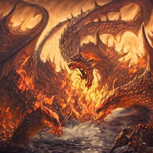 Prompt: Hyperrealistic drawing of a dungeons and dragons      Dragon/hydrating off creatures erupting from the gates of hell
